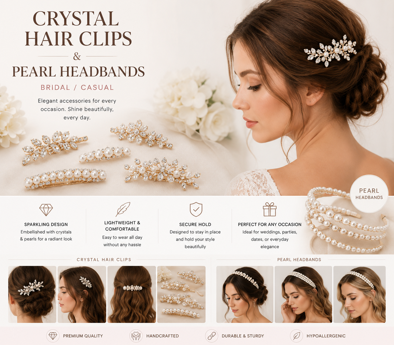 Crystal Hair Clips & Pearl Headbands (Bridal/Casual)
