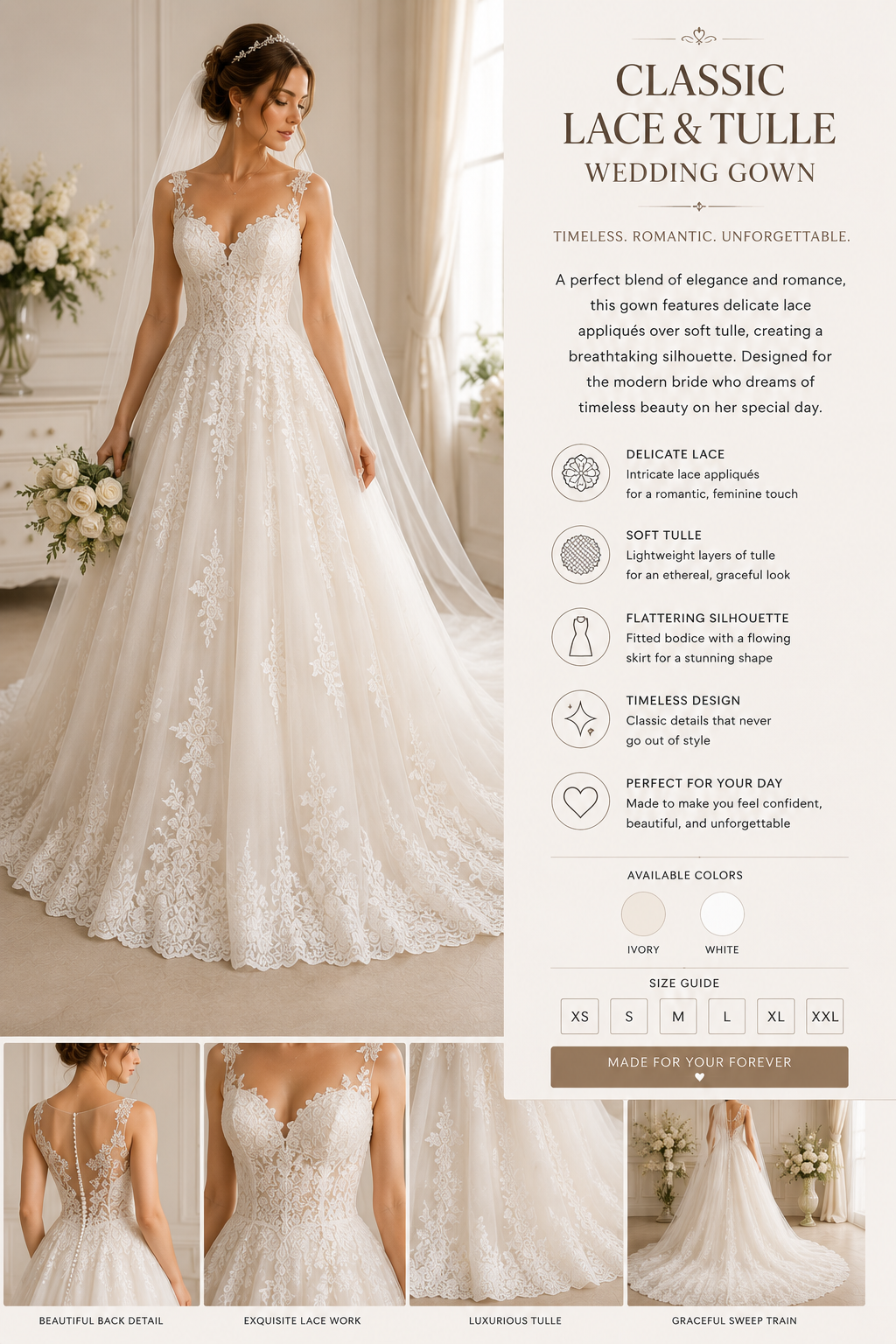 Classic Lace & Tulle Wedding Gown (Ivory/White)