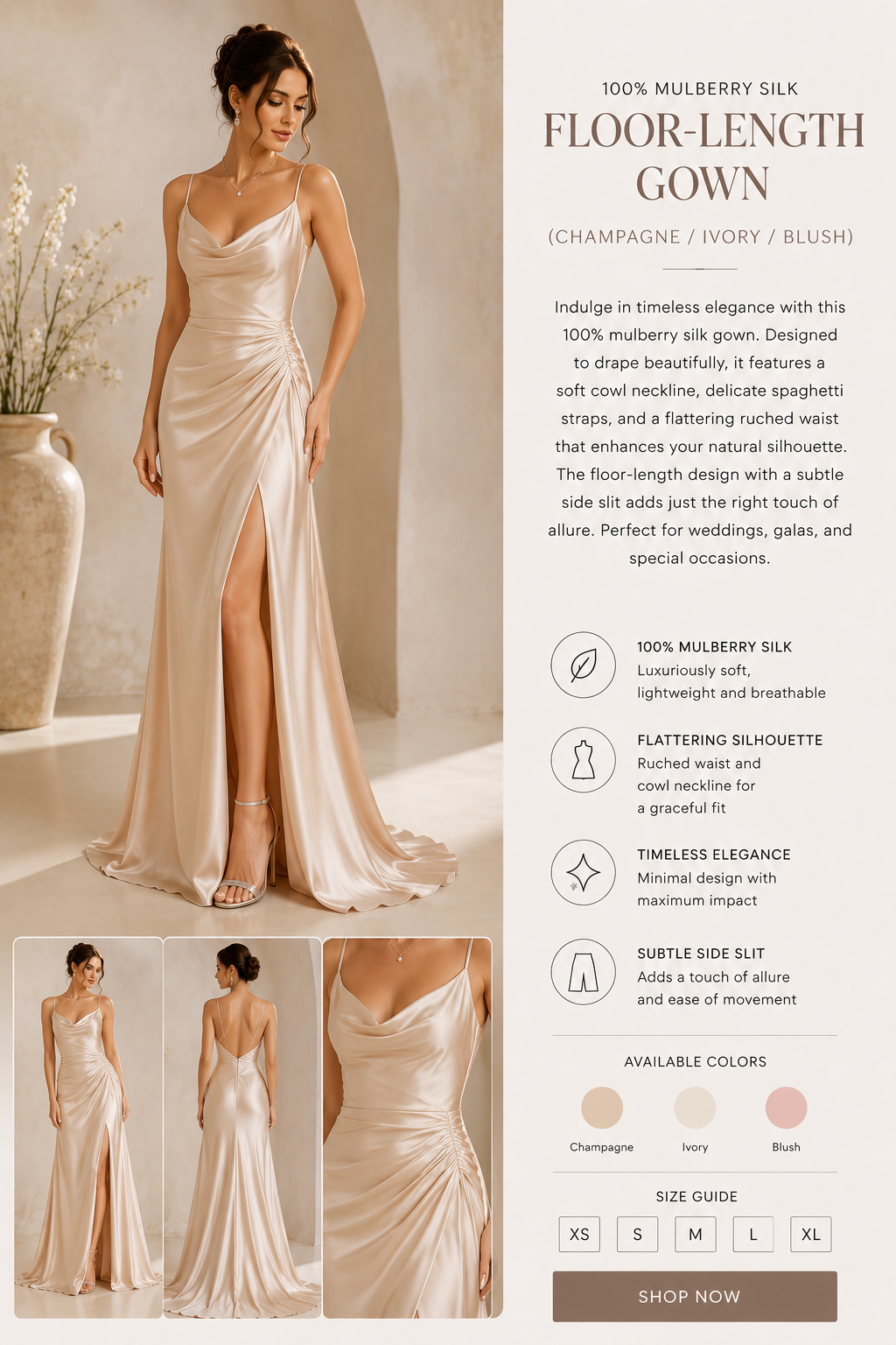 Mulberry Silk Floor-Length Gown (Champagne/Ivory/Blush)