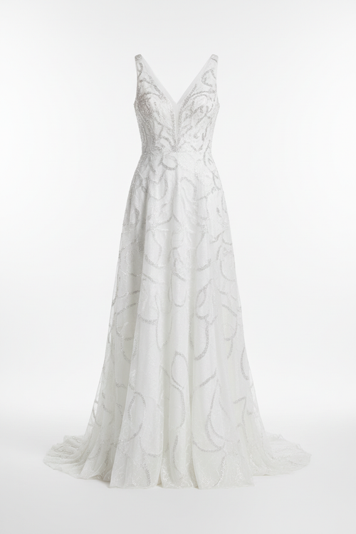 Pure white sleeveless wedding gown with delicate glitter embellishments